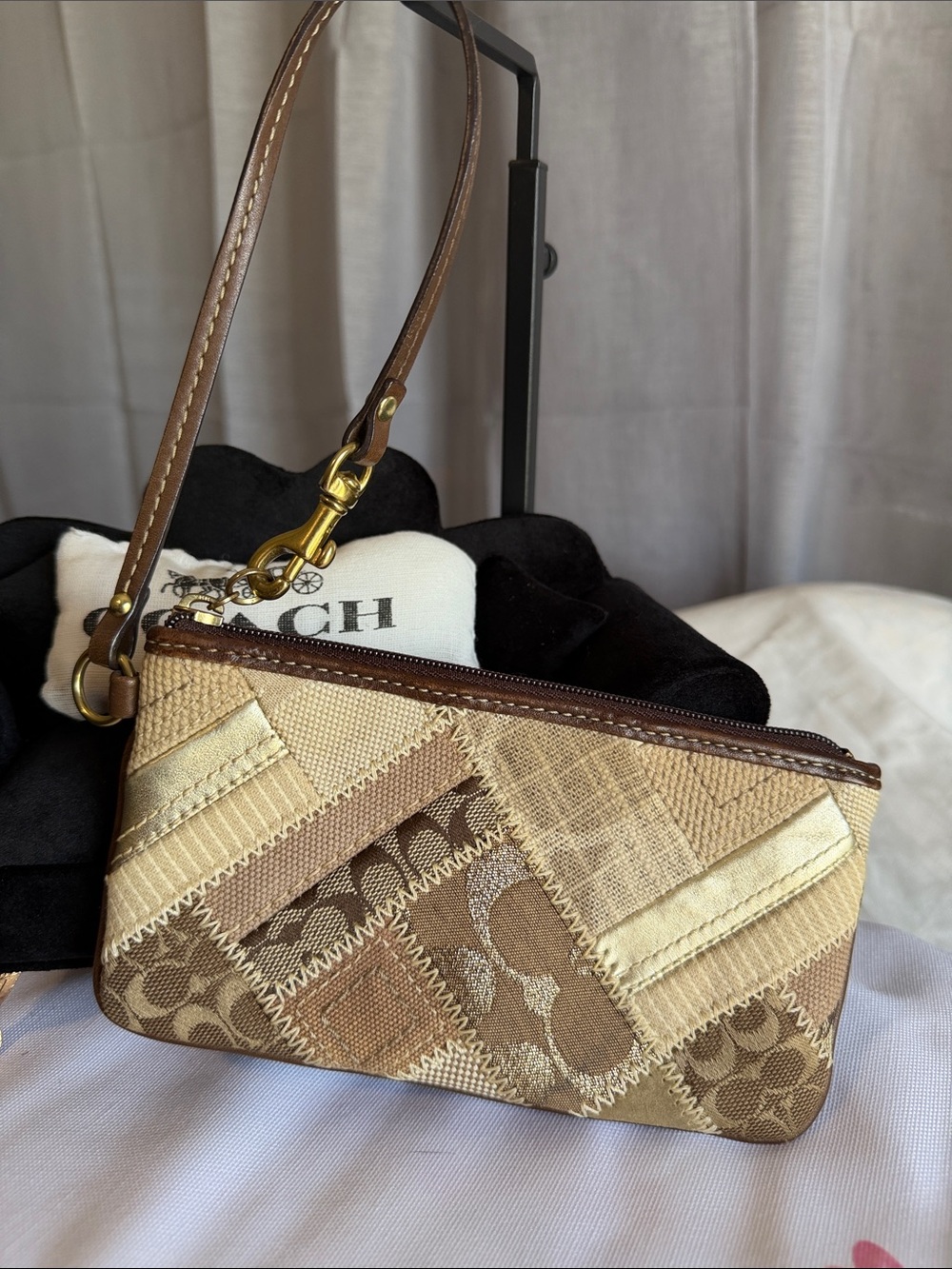 Coach Patchwork Signature Wristlet - Brown, Beige & Cream - 2008